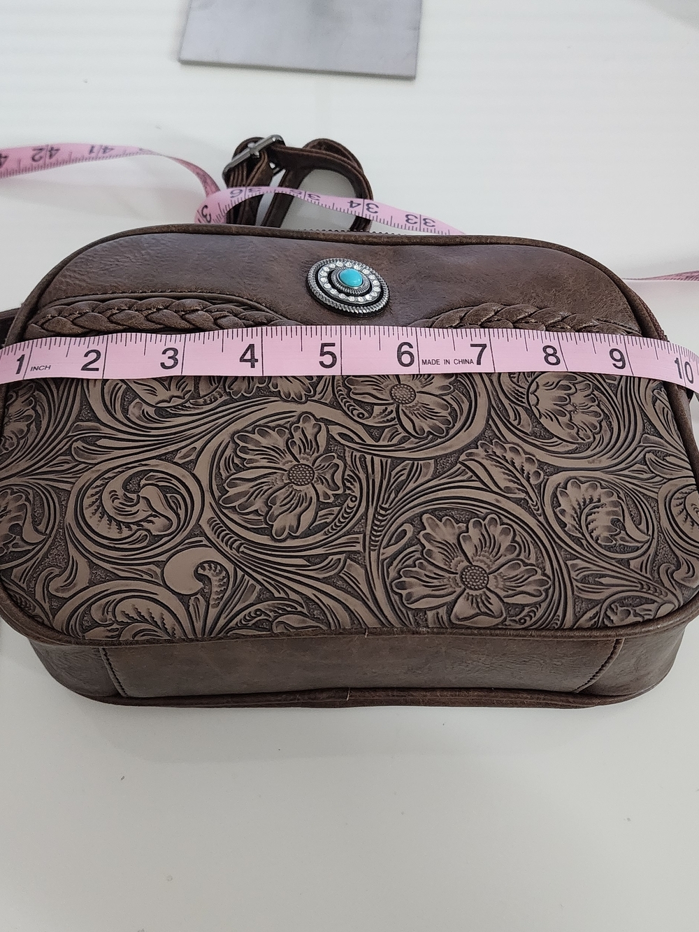 Western Style Embossed Brown Vegan Leather Crossbody Bag with Turquoise Accent - Picture 10 of 11